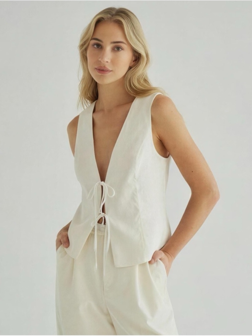 Belle Vere Linen Rayon Tie Front Vest Size 10 Cream Minimalist Coastal Capsule